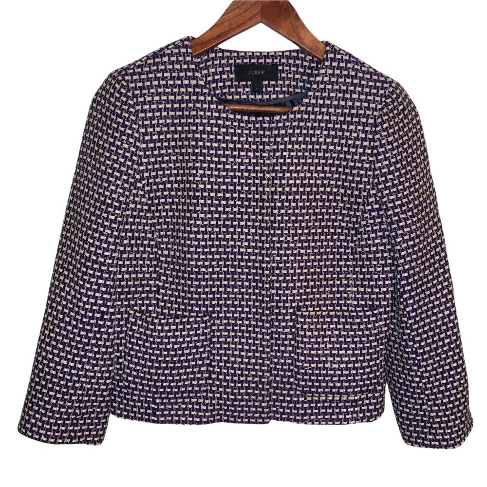 J.CREW SIZE 4 TWEED METALLIC ACCENTS CROPPED JACKET FRONT POCKETS SILK BLEND